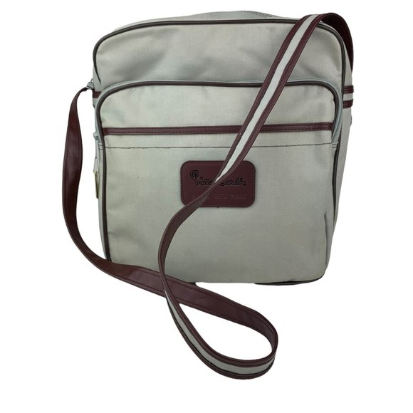 Pierre Cardin Grey Brown Canvas Leather Bag Zipper Crossbody Paris New York Masc